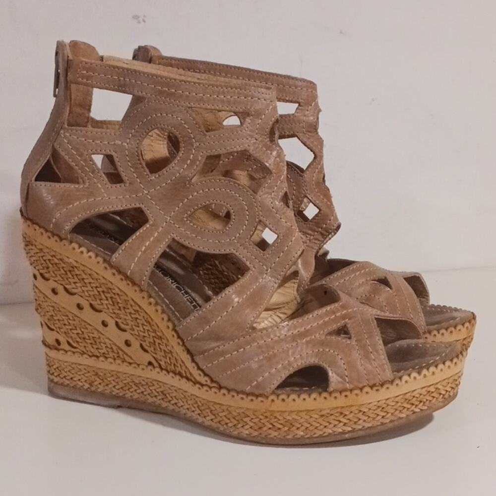 Francesco Morichetti Tan Wedge ankle wrap sandals back zip sz 40